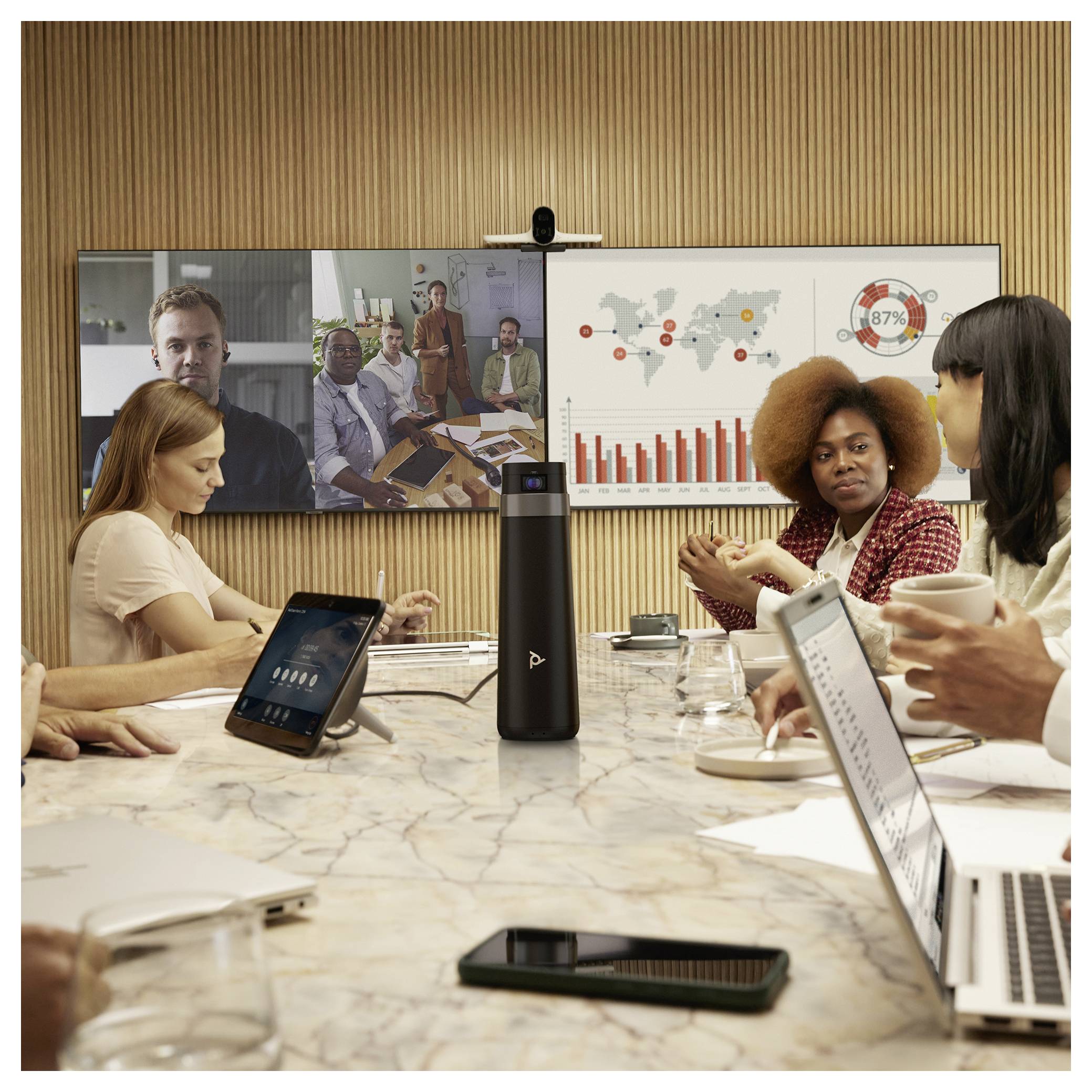 Menschen in einem Konferenzraum diskutieren um einen Tisch mit Laptops und Tablets; ein Wandbildschirm zeigt einen Videoanruf, eine Weltkarte und ein Balkendiagramm-Dashboard.