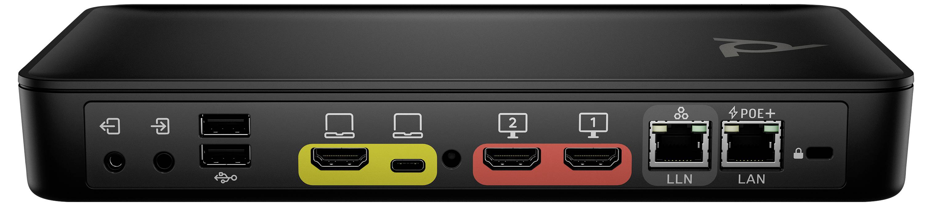 Frontansicht eines schwarzen PoE+-Netzwerk-Switches mit 4 Ethernet-Anschlüssen, 2 HDMI-Anschlüssen, USB-Anschlüssen und Stromverbindungen auf der Frontplatte.