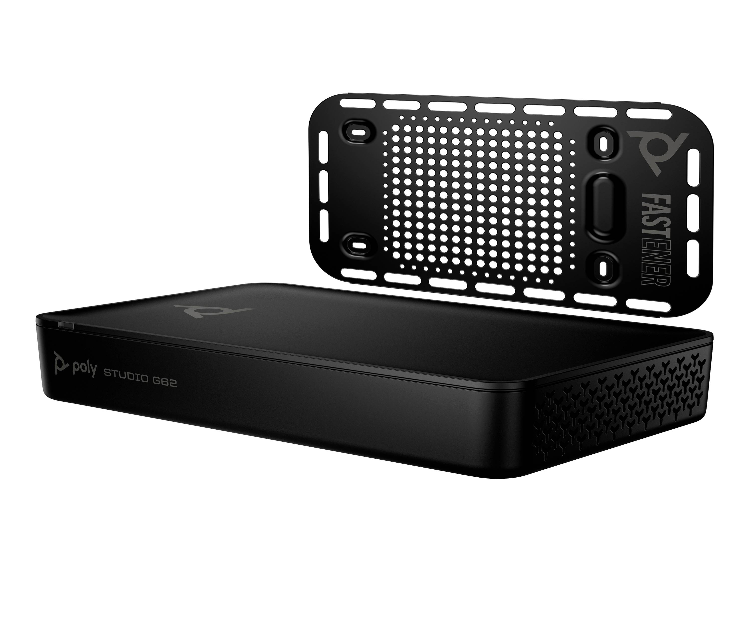 Schwarzes Poly Studio G62-Gerät mit einer perforierten Montageklammer, die darüber auf weißem Hintergrund gezeigt wird.