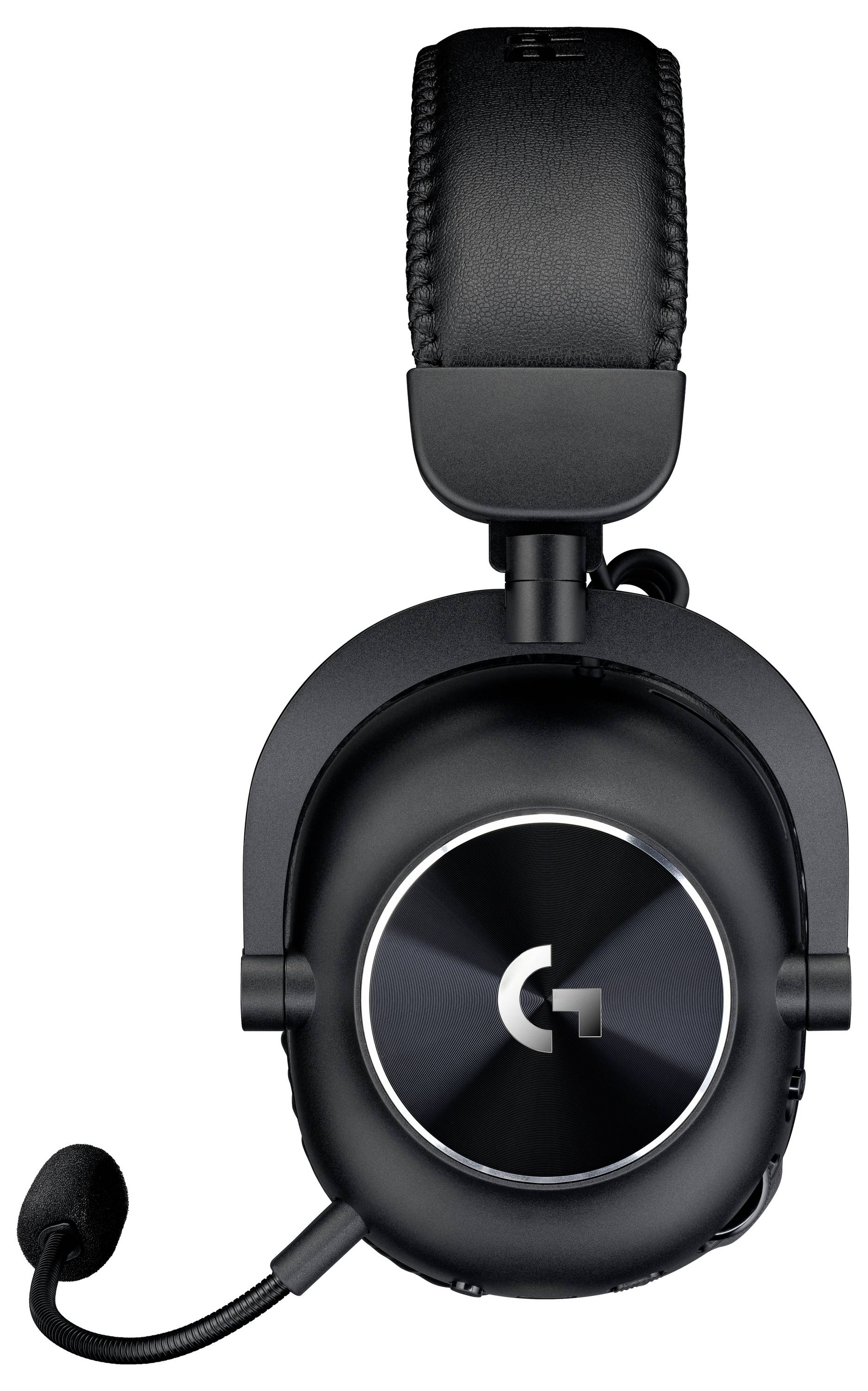 Schwarzes Over-Ear-Gaming-Headset mit gepolstertem Kopfbügel, Boom-Mikrofon und Logitech-G-Logo auf der Ohrmuschel.