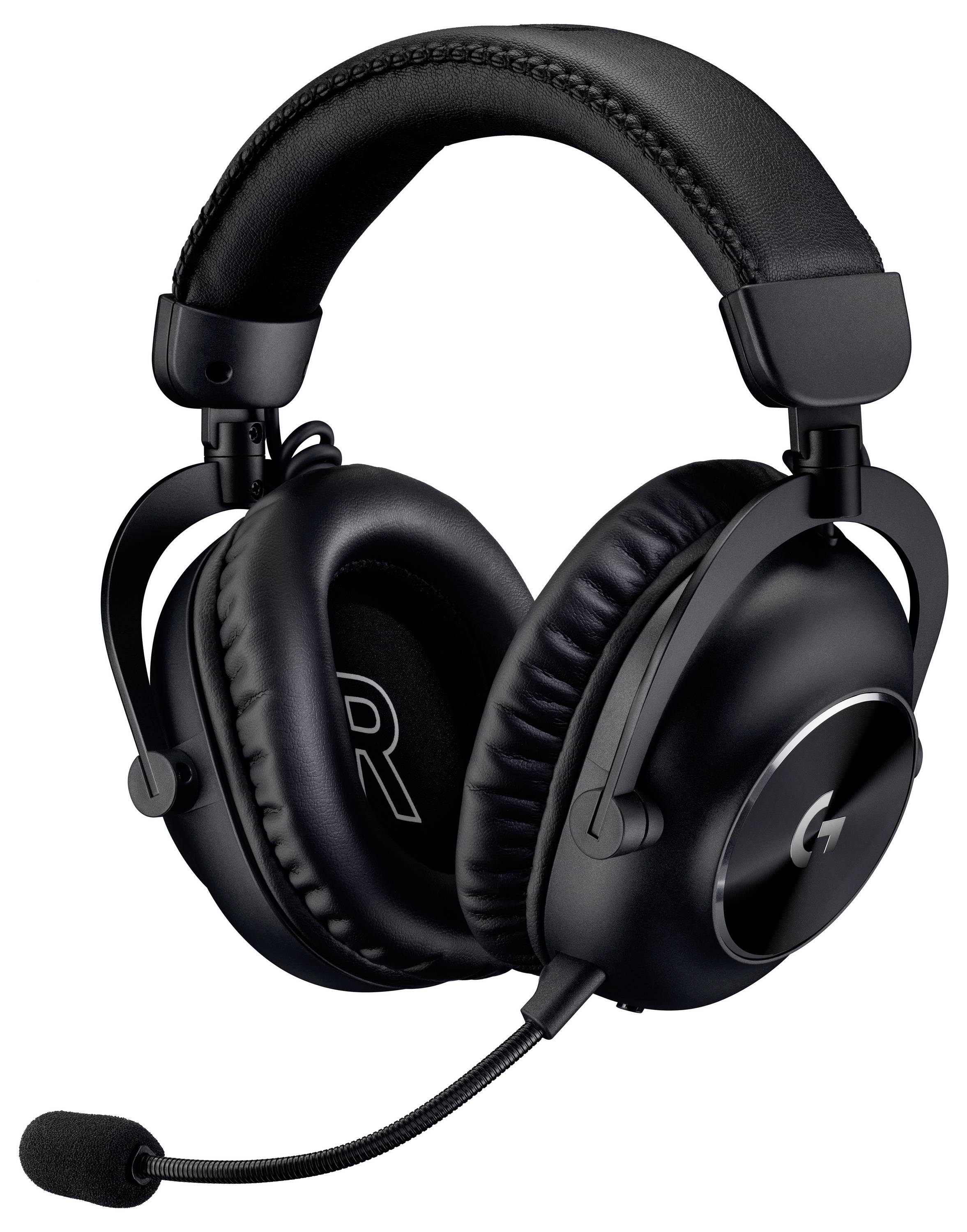 Schwarzes Over-Ear-Gaming-Headset mit gepolstertem Kopfbügel, Boom-Mikrofon und silbernen Logo-Akzenten auf weißem Hintergrund.