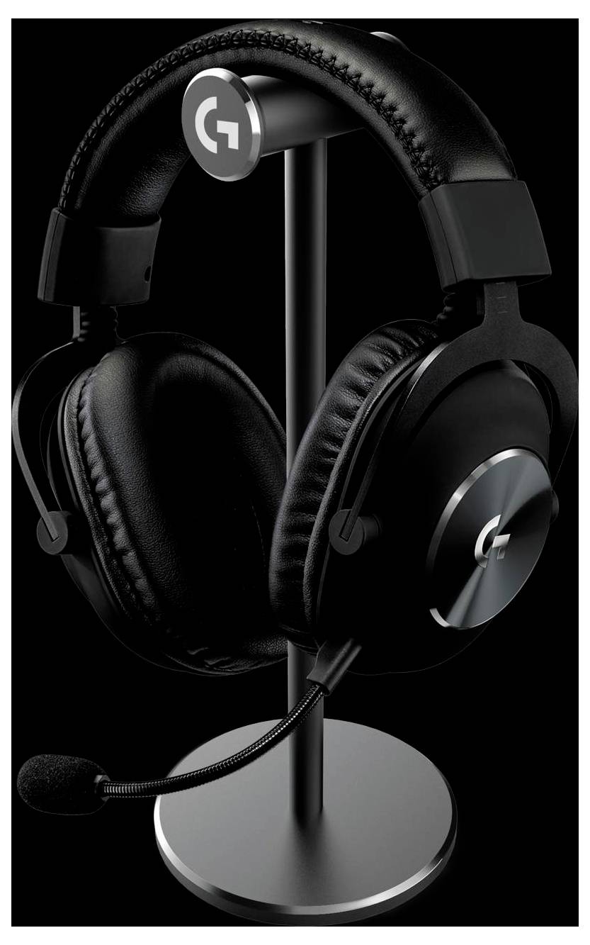 Schwarzes Gaming-Headset von Logitech mit Boom-Mikrofon auf einem Ständer vor schwarzem Hintergrund.