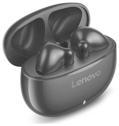 Graue kabellose Lenovo-Kopfhörer in einer offenen Ladestation auf weißem Hintergrund.