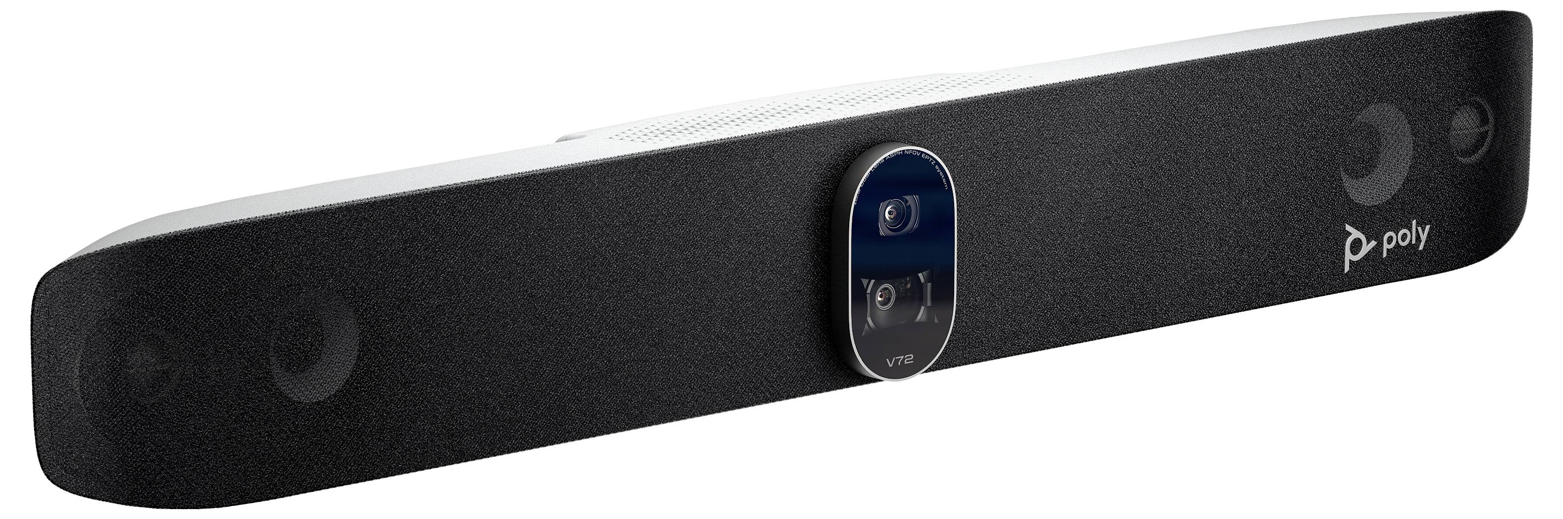 Schwarze Poly-Videokonferenz-Soundbar mit zentraler Kameraobjektiv und Lautsprechergittern, gezeigt auf weißem Hintergrund.