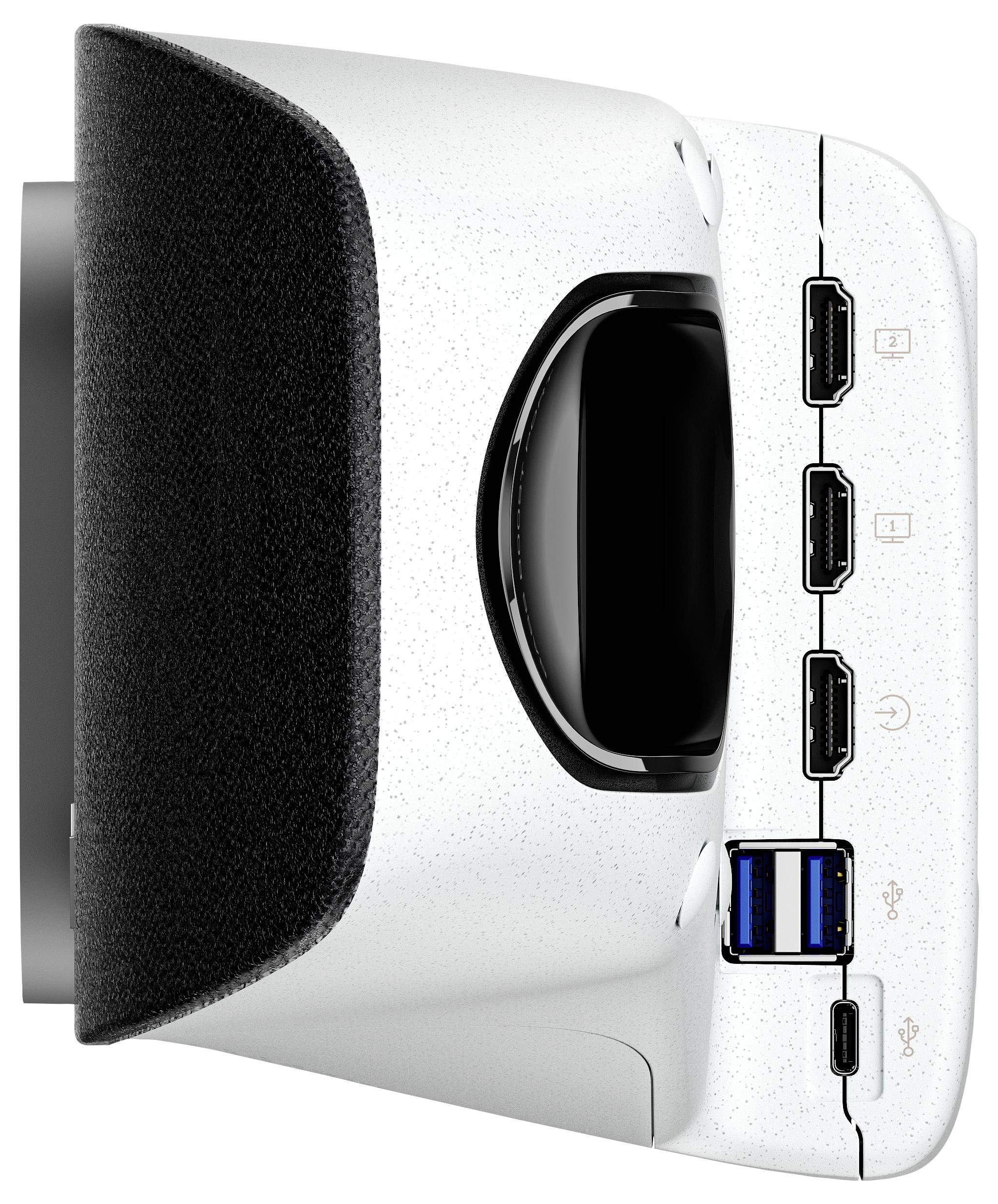 Nahaufnahme einer weißen Computerdockingstation oder eines Mediengeräts mit mehreren Anschlüssen an der Vorderseite, einschließlich HDMI, USB-A und USB-C, in Seitenansicht dargestellt.