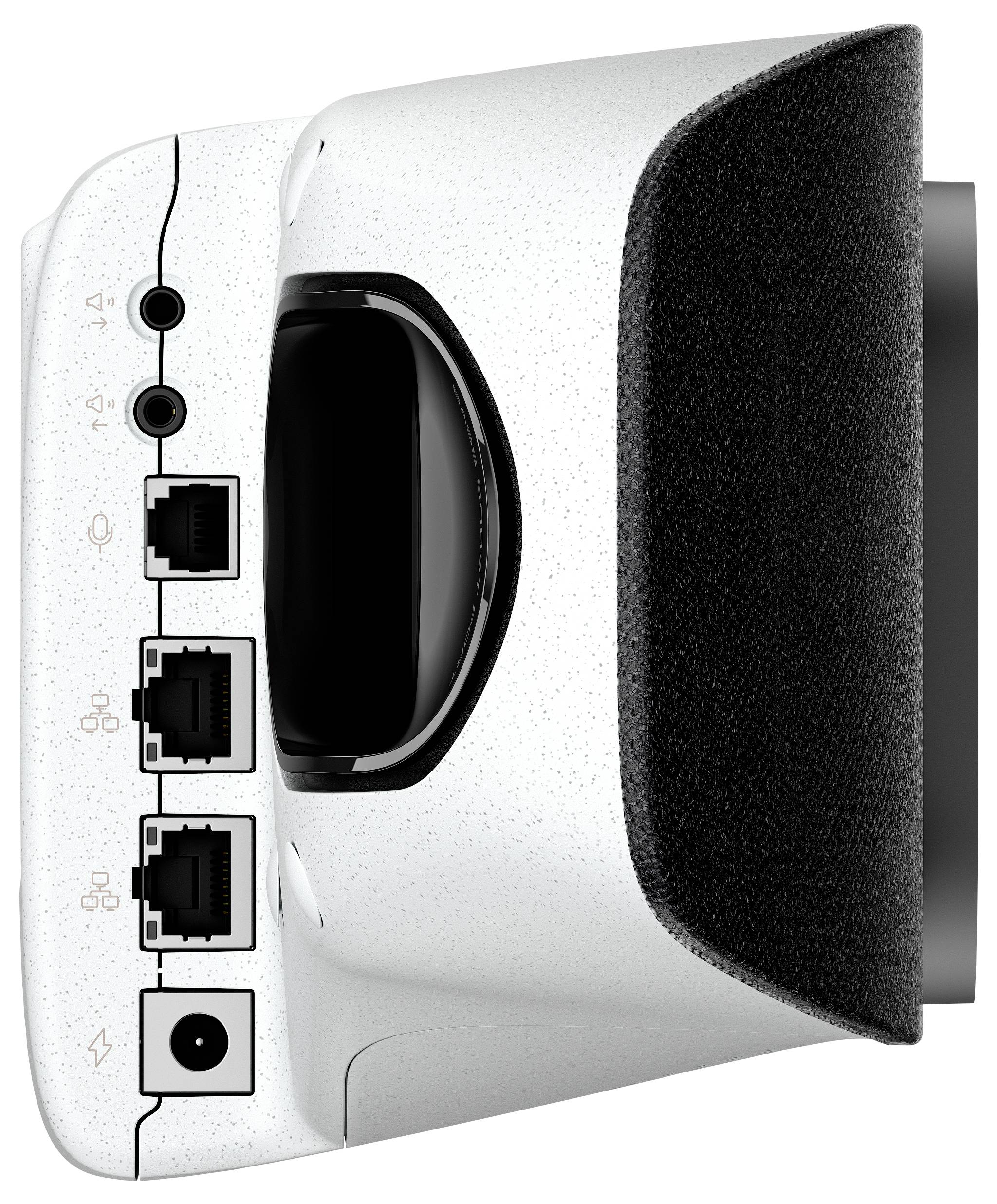 Weißer kabelloser Router oder Modem mit schwarzem Seitenpaneel, zwei Audiobuchsen, drei Ethernet-Anschlüsse und Stromeingabe auf der Vorderseite.