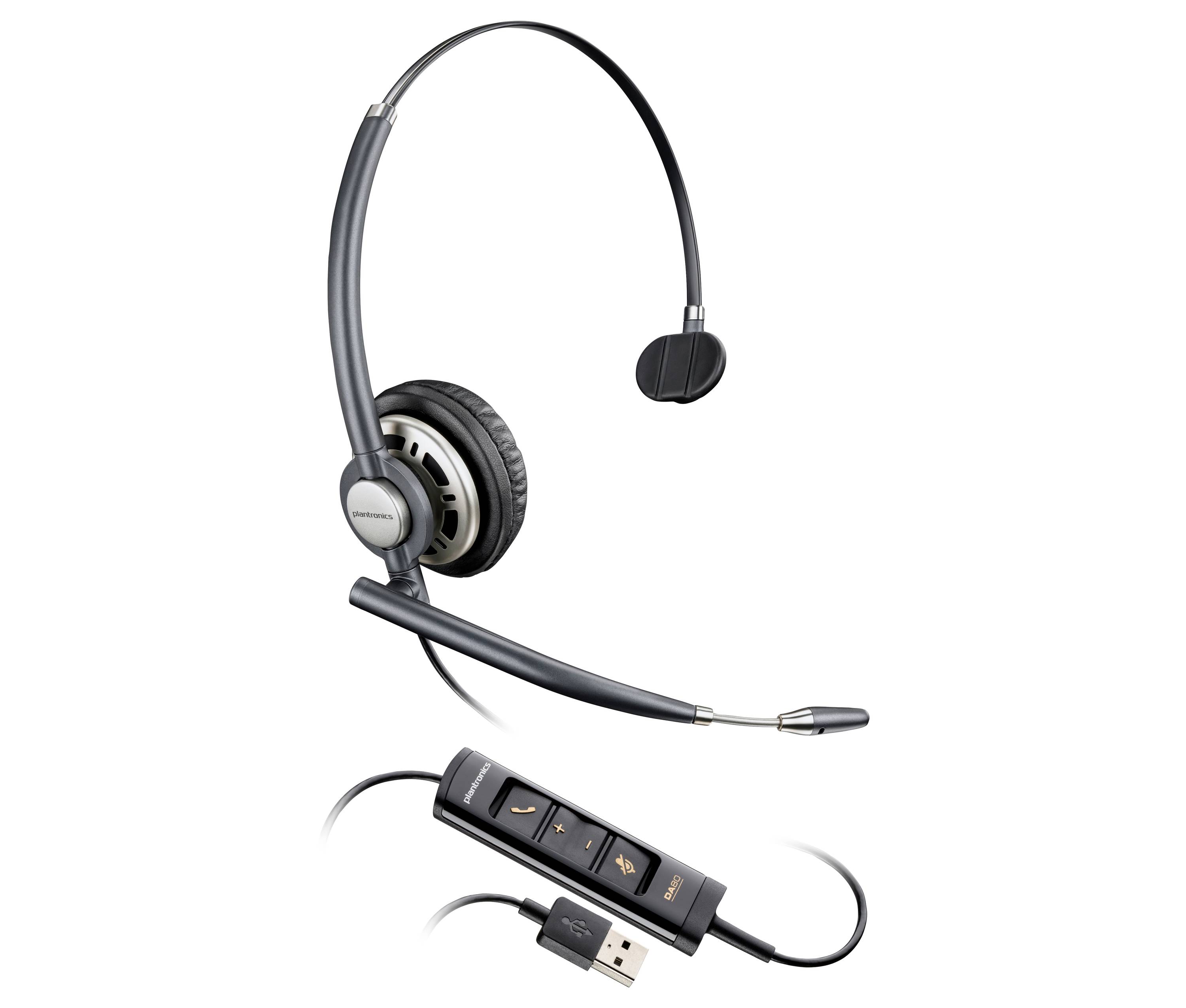 Over-Ear-USB-Headset mit Boom-Mikrofon und Inline-Steuerung, dargestellt mit angeschlossenem USB-Kabel auf weißem Hintergrund.