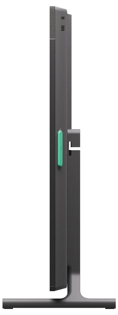 Seitenansicht eines schlanken schwarzen Monitor- oder Displayständers mit einem zentralen Stützarm und breiter rechteckiger Basis.
