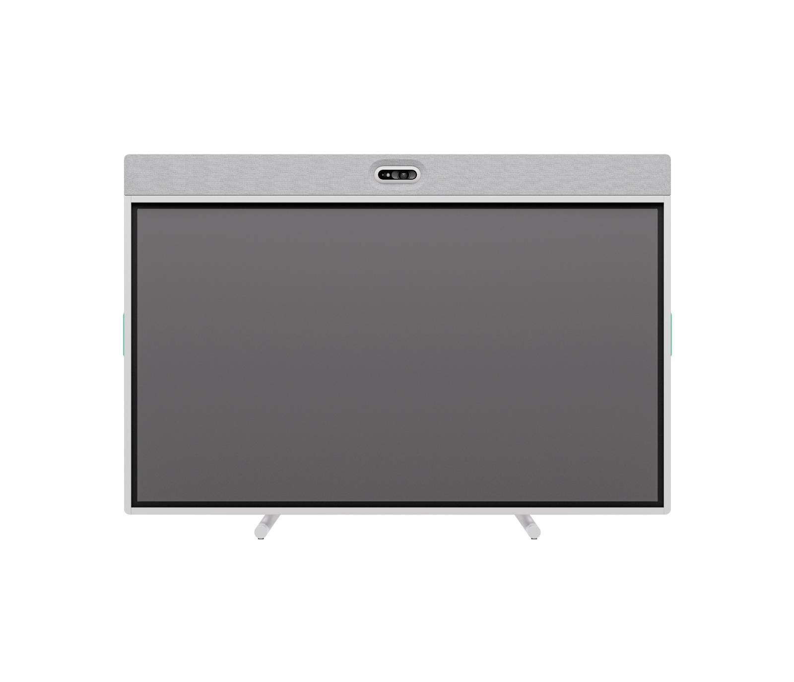 Frontansicht eines Flachbildfernsehers mit leerem dunklem Display, silberner oberer Blende und zwei abgewinkelten Ständerbeinen auf weißem Hintergrund.