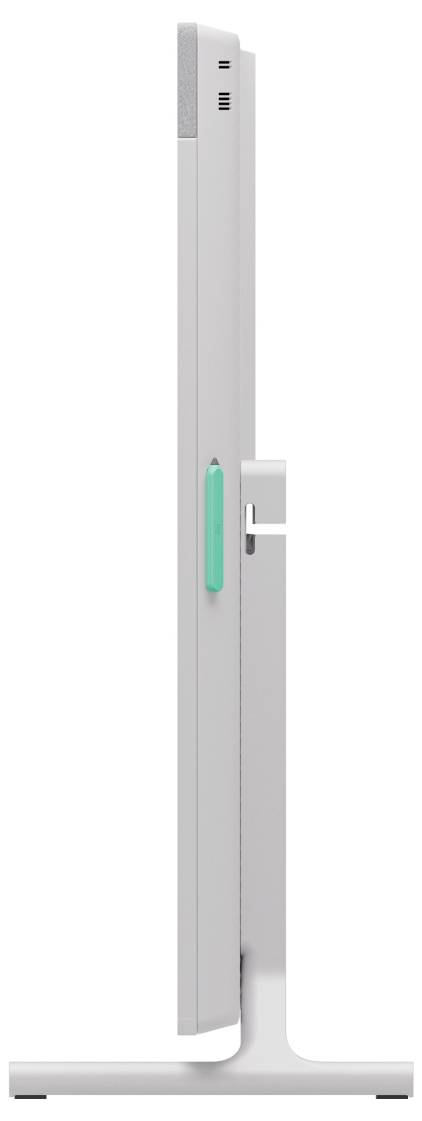 Seitenansicht einer modernen silbernen Stehleuchte mit schlankem vertikalen Körper, türkisem Schalterfeld und breiter T-förmiger Basis.