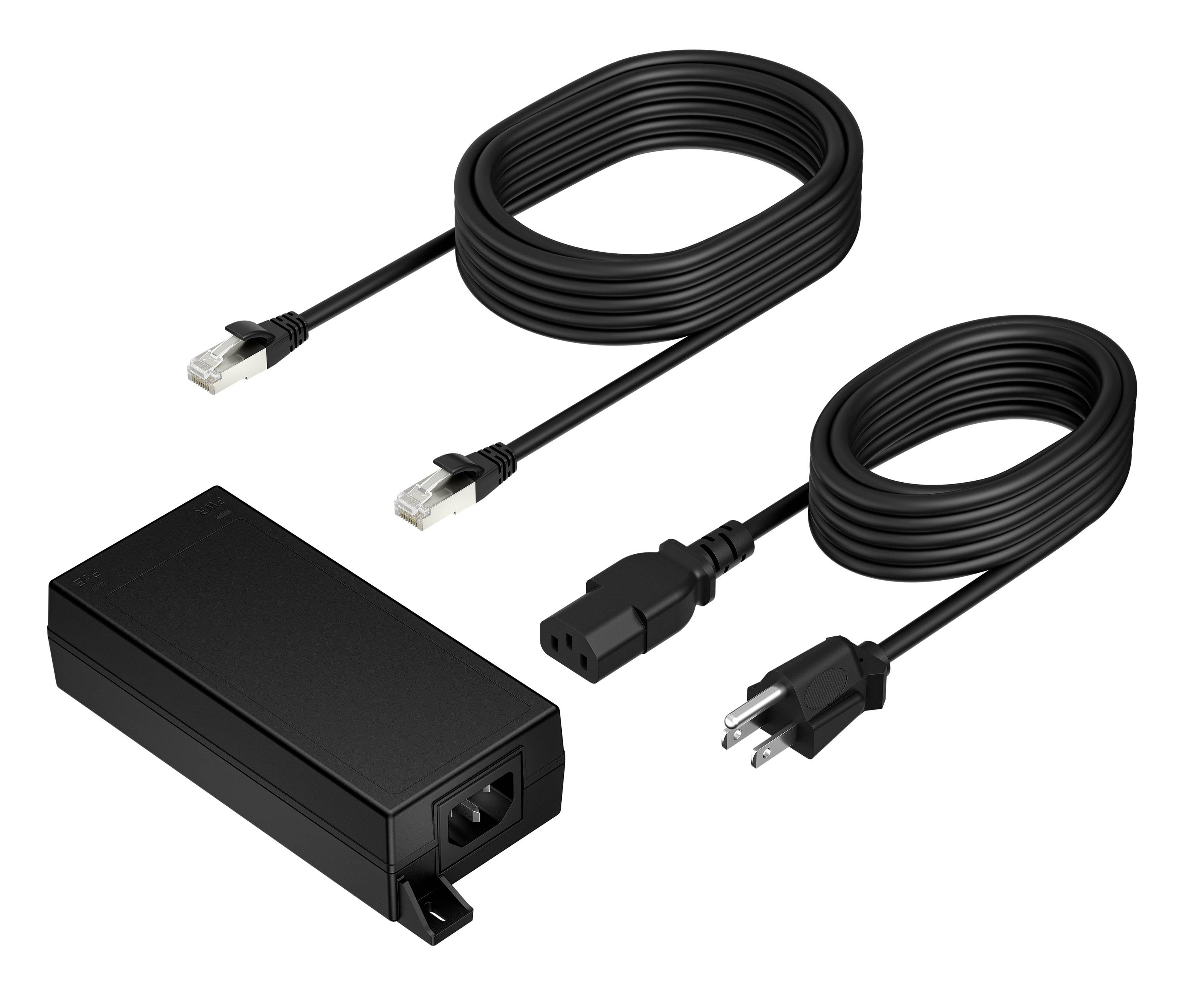 Schwarzer Stromadapter mit zwei gewickelten Kabeln, eines endet in Ethernet-Steckern und das andere in einem zweipoligen Wandstecker, auf weißem Hintergrund gezeigt.