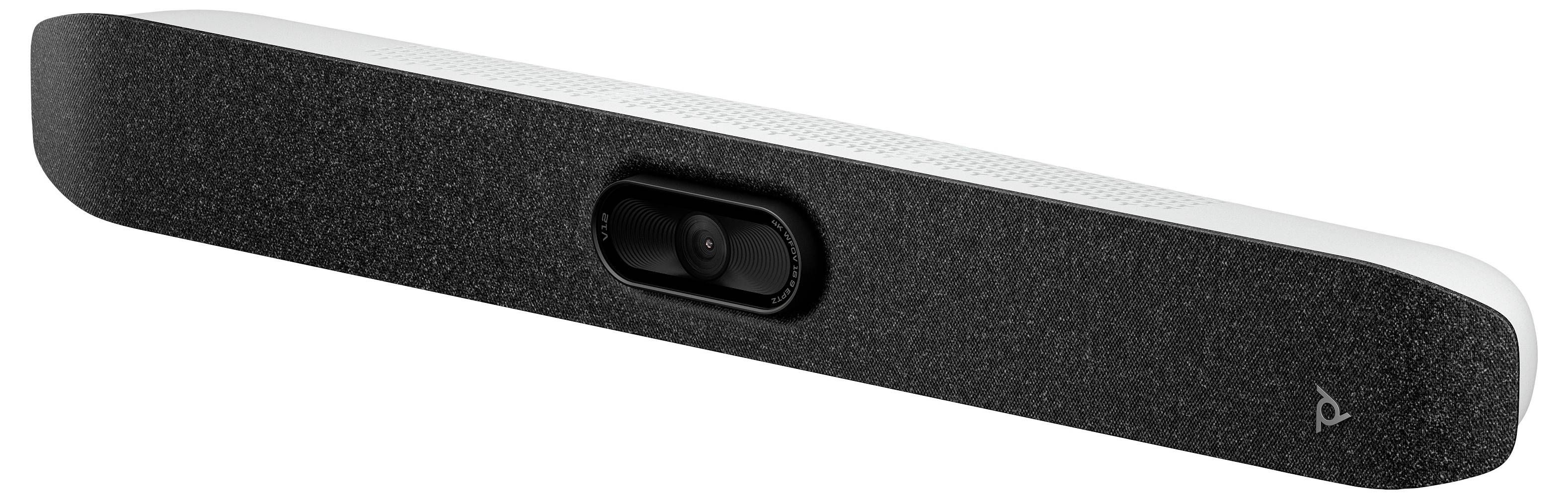 Schwarzes zylindrisches Webcam-/Soundbar-ähnliches Gerät mit zentralem Kameraobjektiv und kleinem Statussymbol auf der rechten Seite, dargestellt auf weißem Hintergrund