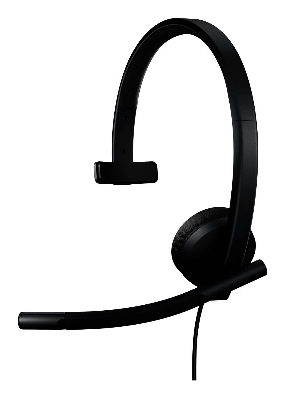Schwarzes Over-Ear-Headset mit Boom-Mikrofon auf weißem Hintergrund.
