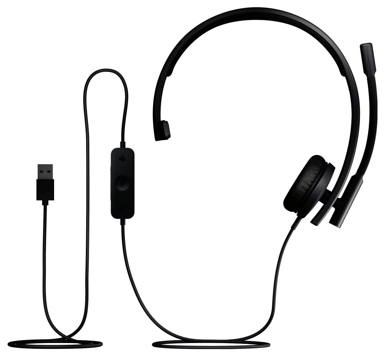 Schwarzes USB-Kabelkopfhörer mit Boom-Mikrofon und Inline-Steuerung auf weißem Hintergrund.