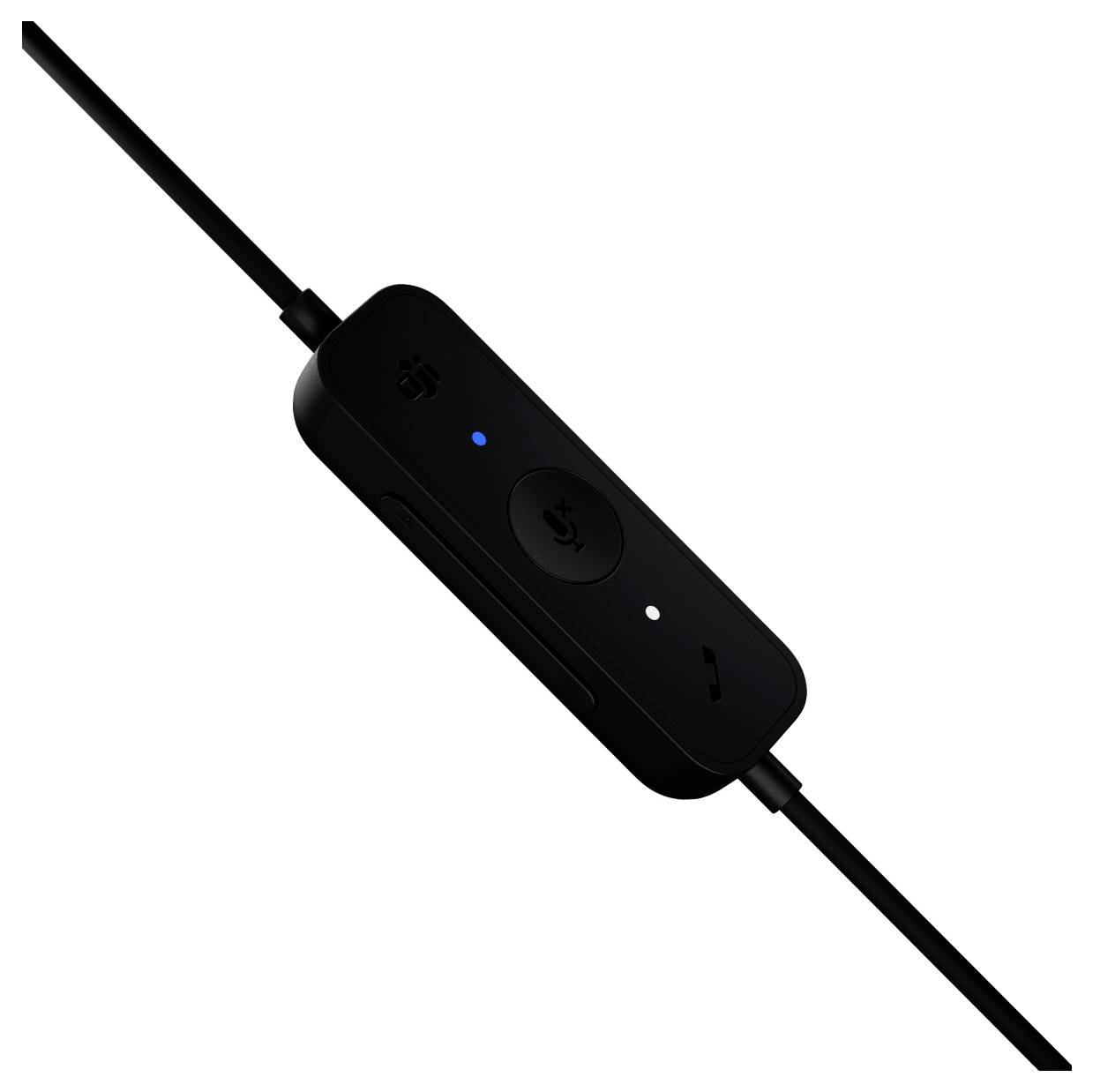 Schwarzes kabelgebundenes Inline-Headset-Fernbedienung mit Mikrofon und Anrufsteuerung, gezeigt vor weißem Hintergrund mit blauem Statuslicht.