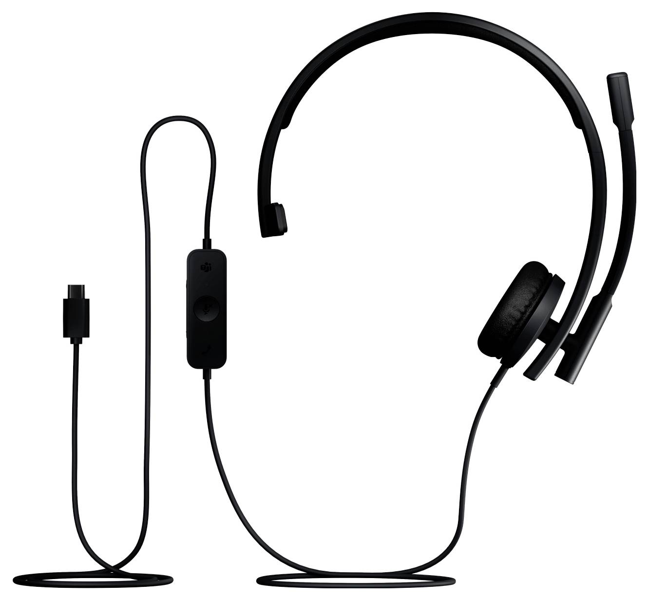 Schwarzes kabelgebundenes Over-Ear-Headset mit Boom-Mikrofon und Inline-Steuerung auf weißem Hintergrund.