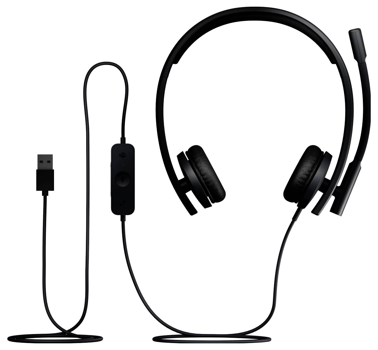Schwarzes USB-Kopfhörer-Headset mit Boom-Mikrofon und Inline-Steuerung, dargestellt mit Kabel und USB-Stecker auf weißem Hintergrund.