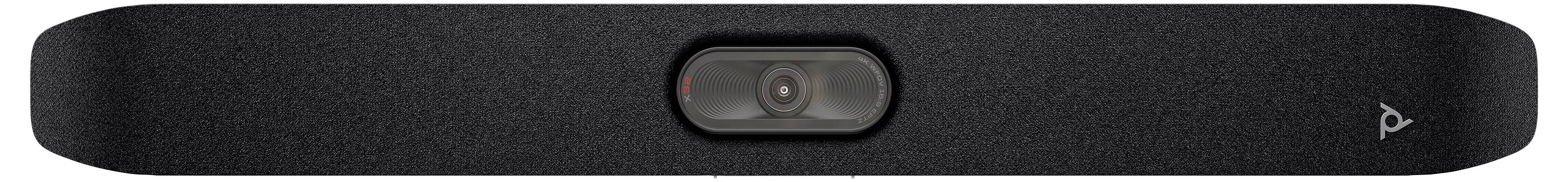 Ein schwarzer horizontaler Soundbar-Lautsprecher mit einem zentralen Kamera- oder Sensormodul, in der Vorderansicht auf weißem Hintergrund gezeigt.