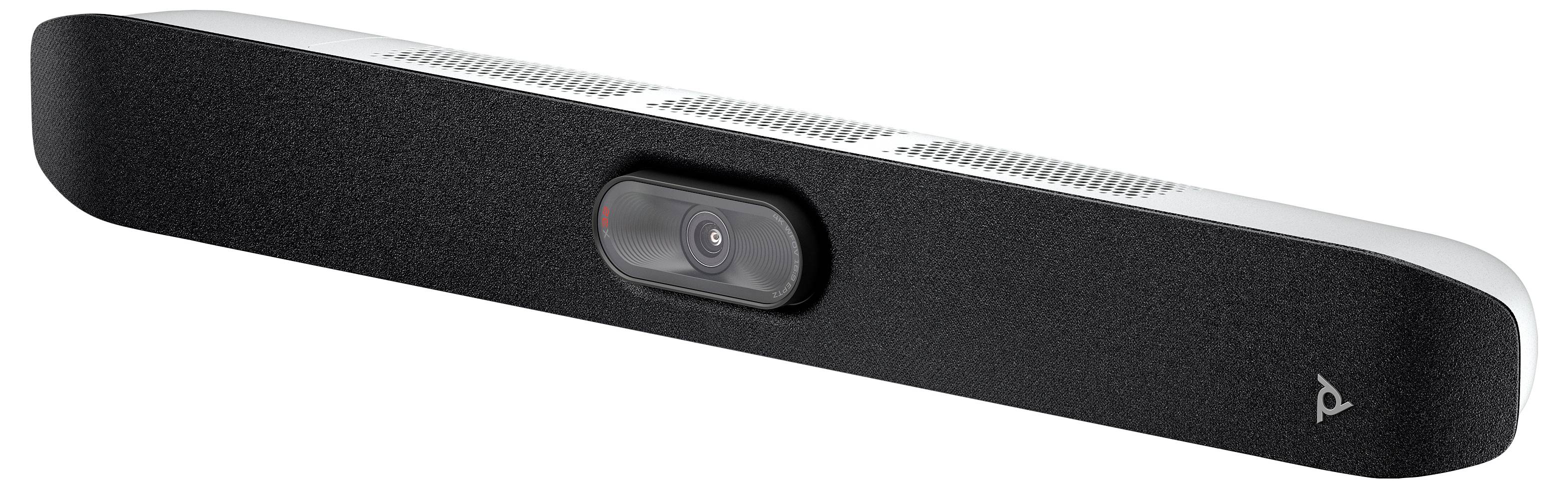 Eine schlanke schwarze Konferenz-Soundbar mit zentrierter Kameralinse und silberner oberer Kante, gezeigt auf weißem Hintergrund.