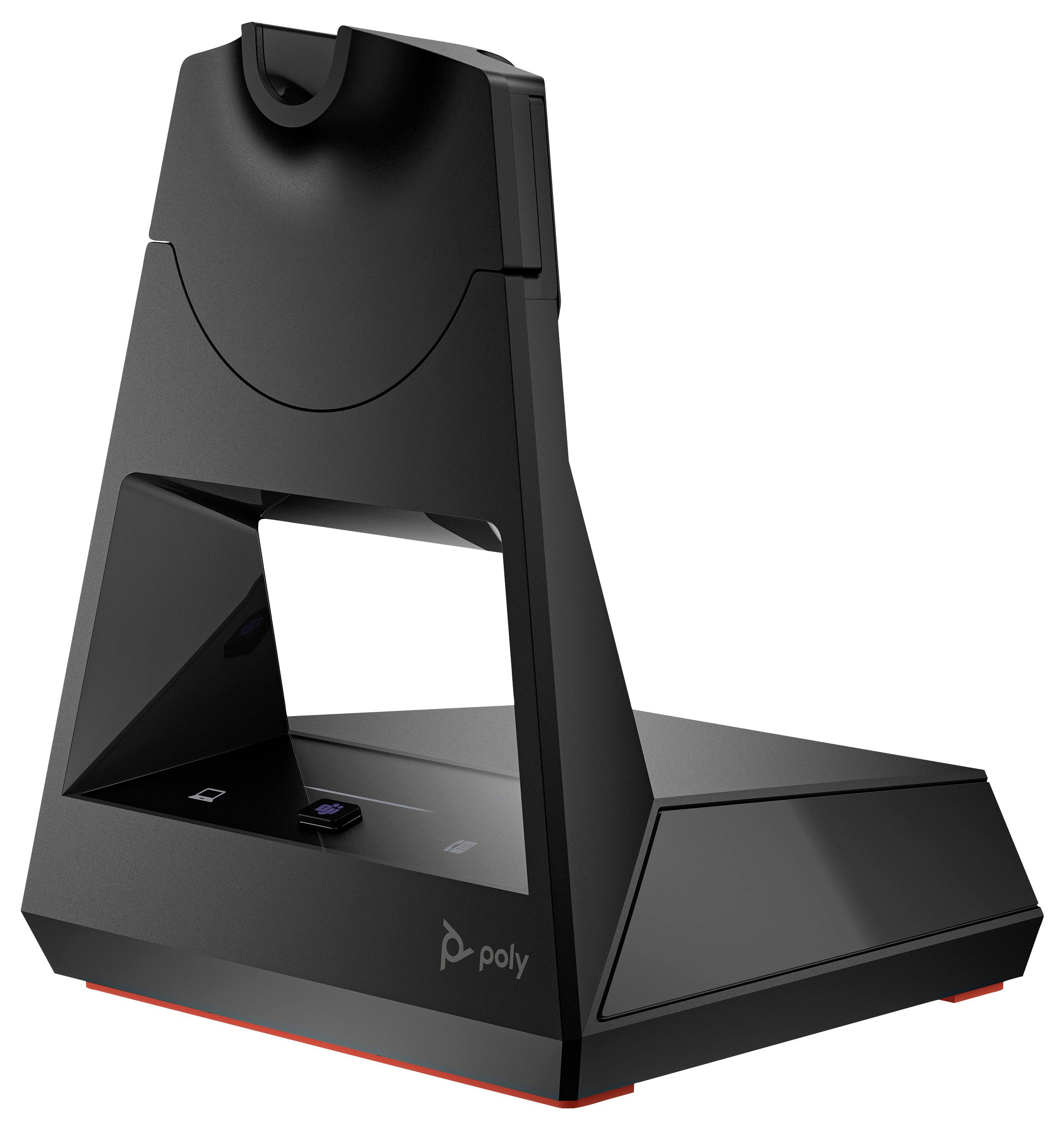 Schwarze Poly-Videokonferenzkamera für den Schreibtisch mit aufrechtem Rahmen und Basis auf weißem Hintergrund.
