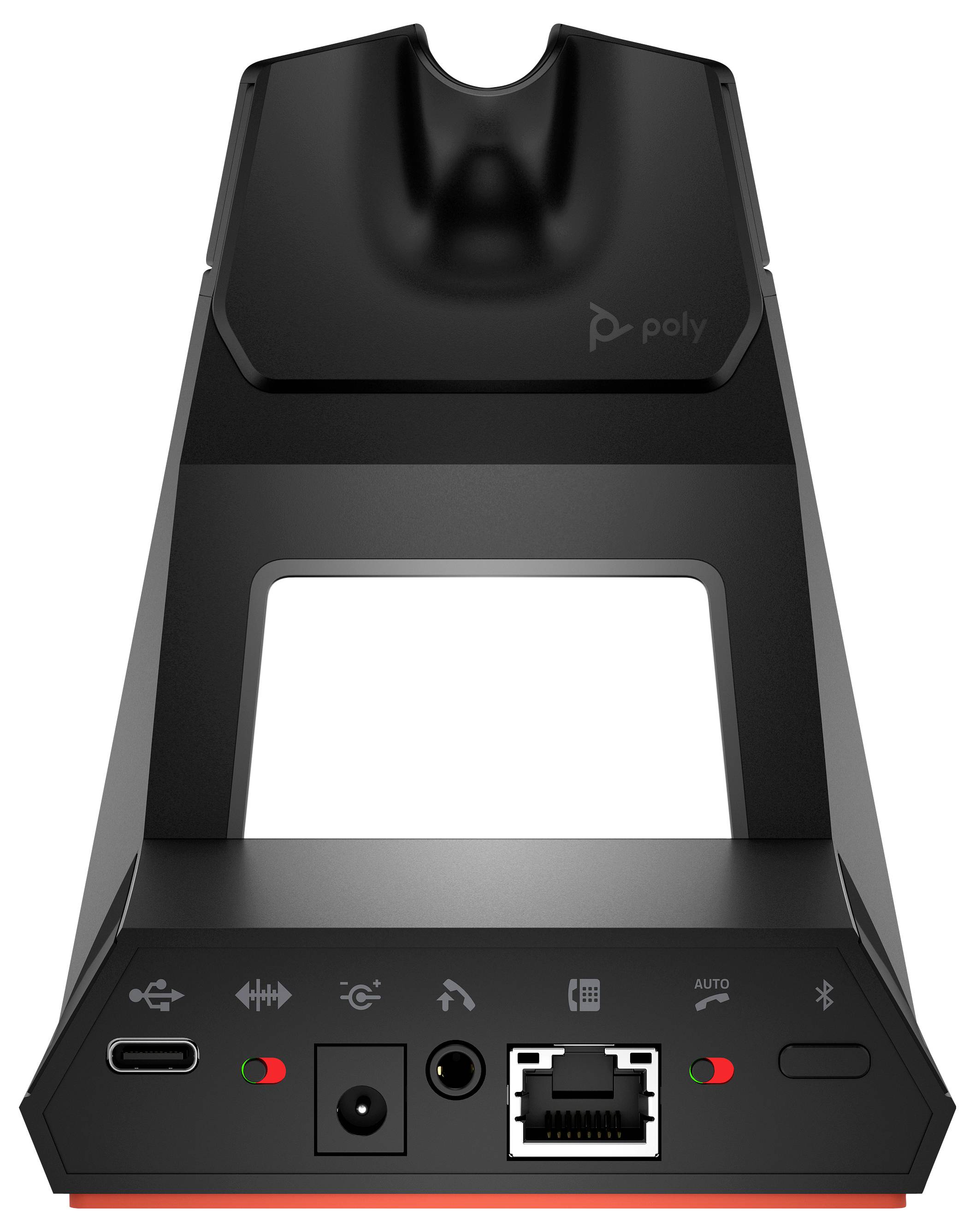 Vorderansicht einer Poly-Gerätehalterung/eines Ständers mit Lade- und Konnektivitätsanschlüssen, einschließlich USB-C, Stromanschluss, RJ45-Ethernet und Bluetooth-Indikatoren.
