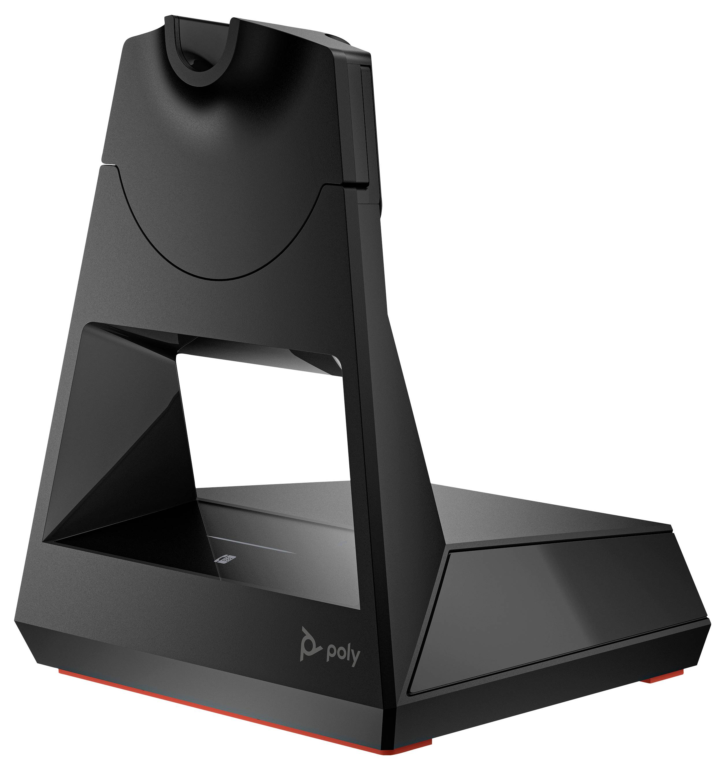 Schwarze Poly-Videokonferenzkamera für den Schreibtisch mit integriertem dreieckigem Ständer und Objektivöffnung.