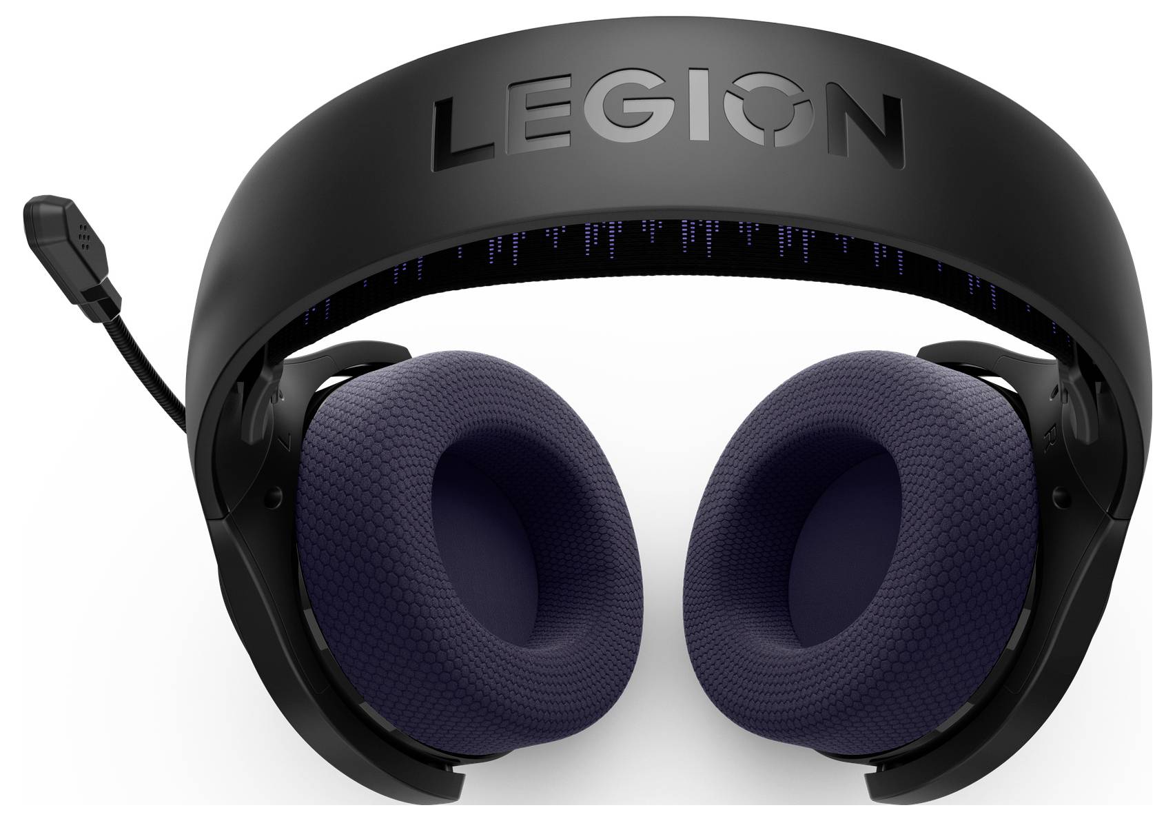 Schwarzes Lenovo Legion Gaming-Headset mit angebautem Mikrofon und großen gepolsterten Ohrmuscheln auf weißem Hintergrund.
