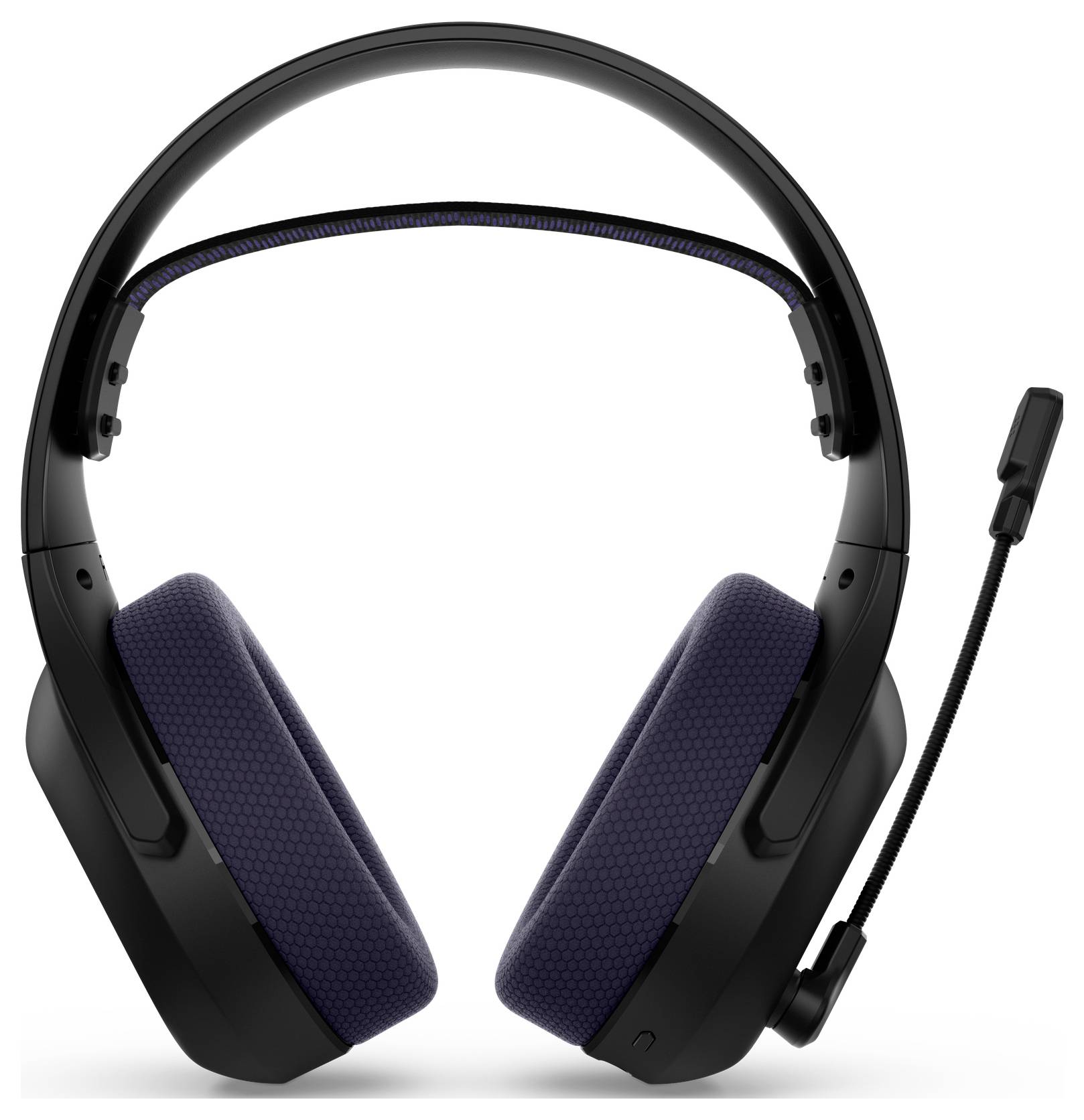Schwarzes Over-Ear-Headset mit gepolsterten Ohrmuscheln und ein Boom-Mikrofon auf der rechten Seite, auf weißem Hintergrund dargestellt.