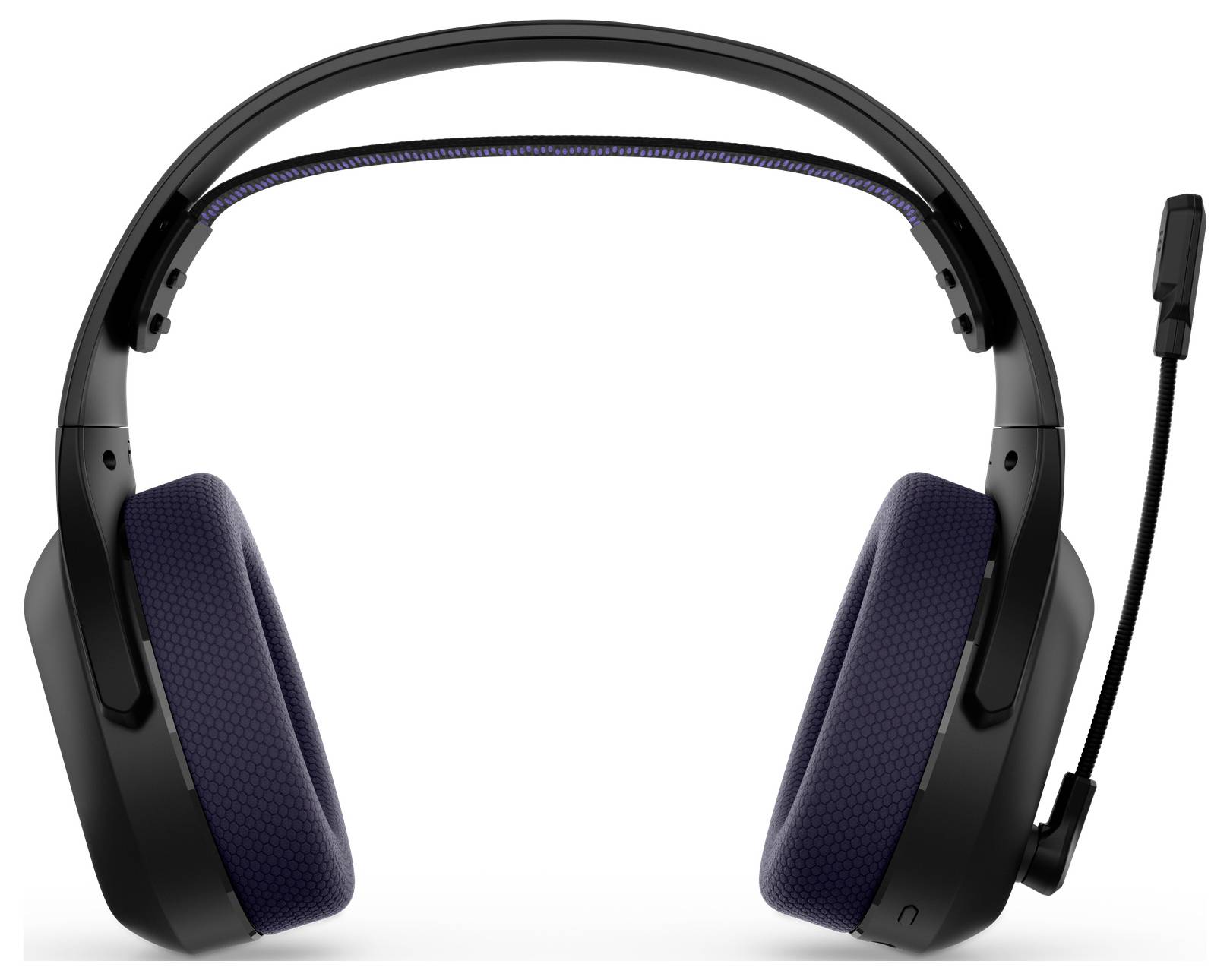 Schwarzes Over-Ear-Gaming-Headset mit gepolsterten Ohrmuscheln und verstellbarem Kopfbügel, Vorderansicht mit angebrachtem Boom-Mikrofon.