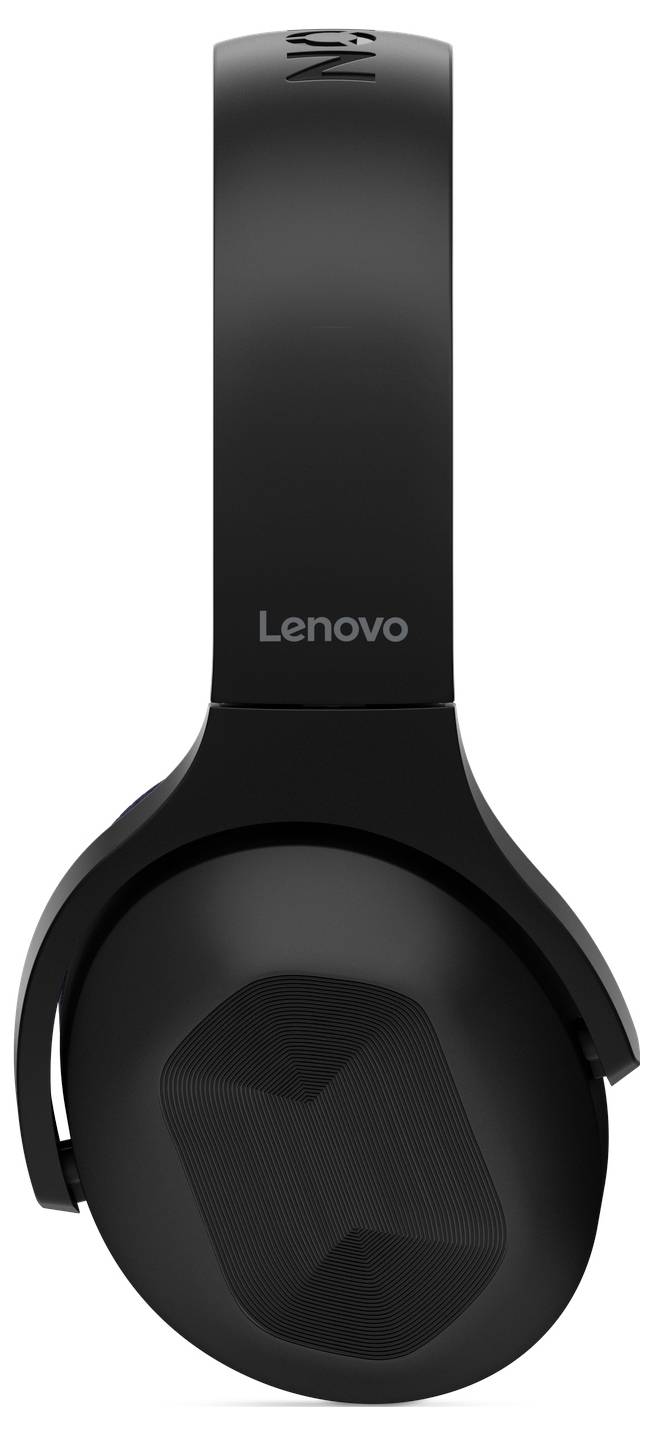 Schwarze Lenovo-Kopfhörer zum Überziehen mit kreisförmiger Ohrmuschel und verstellbarem Kopfbügel, Vorderansicht auf weißem Hintergrund dargestellt.