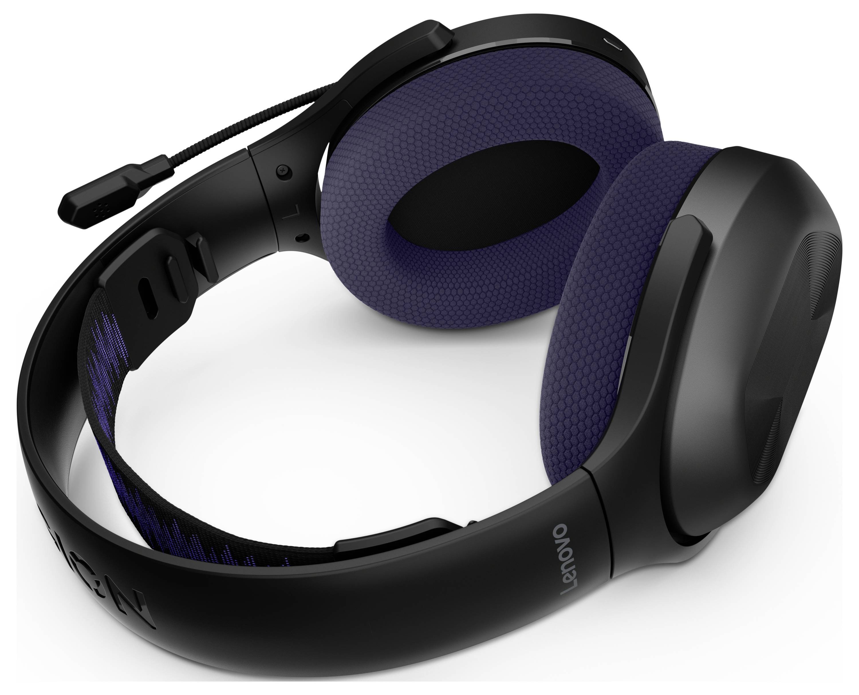 Schwarzes Lenovo Over-Ear Gaming-Headset mit gepolsterten violetten Ohrmuscheln und angebrachtem Boom-Mikrofon, gezeigt auf weißem Hintergrund.