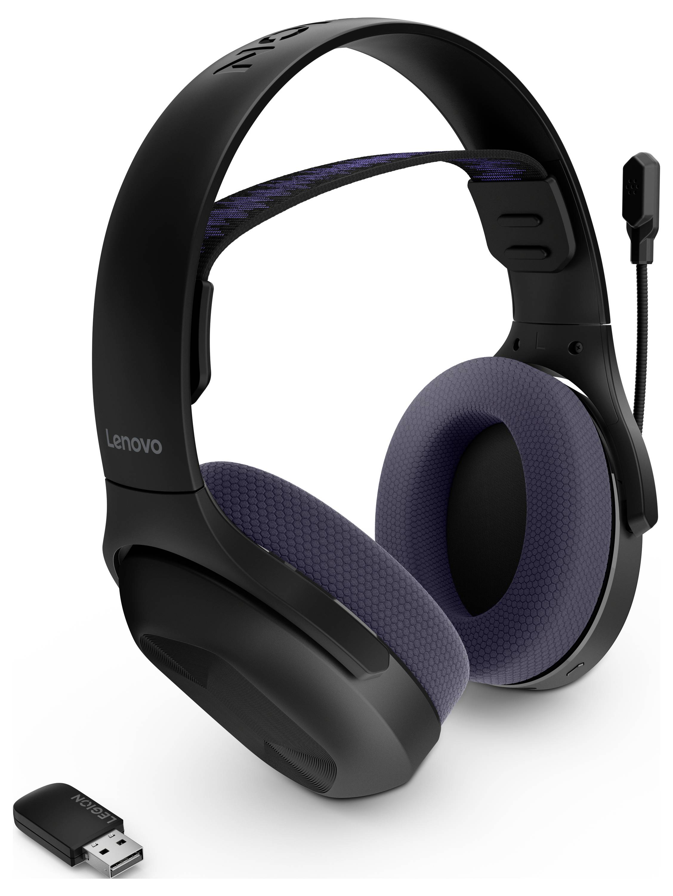 Schwarze kabellose Lenovo-Kopfhörer zum Überziehen mit Boom-Mikrofon und USB-Dongle auf weißem Hintergrund dargestellt.