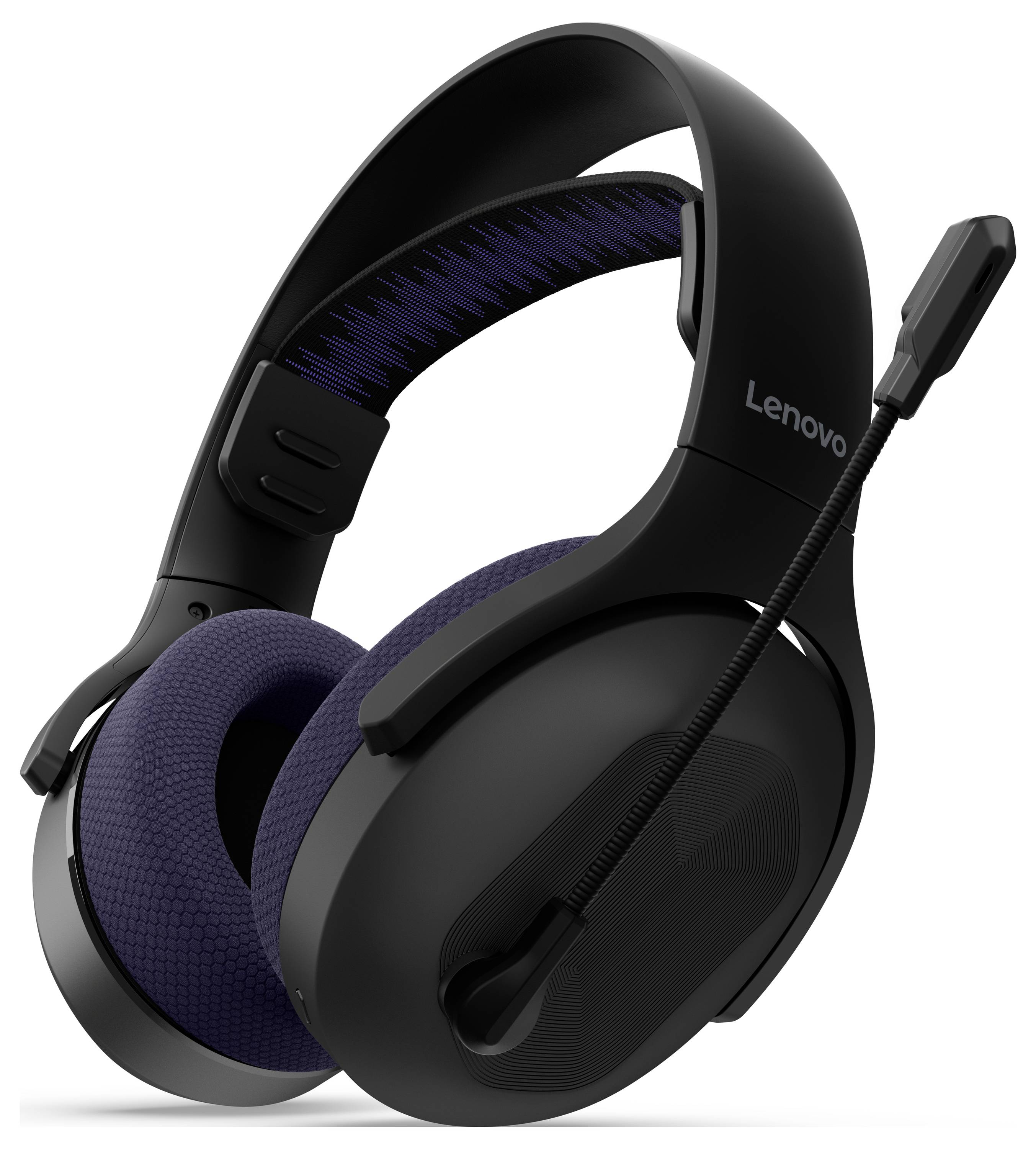 Schwarzes Lenovo Over-Ear Gaming-Headset mit gepolsterten Ohrmuscheln, verstellbarem Kopfbügel und angebautem Boom-Mikrofon auf weißem Hintergrund.