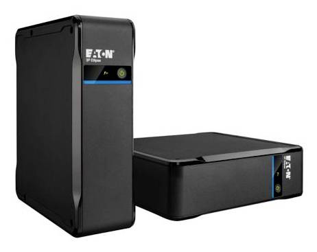 Zwei schwarze Eaton-Batteriesicherungsgeräte, eines aufrecht und eines liegend, auf weißem Hintergrund dargestellt.