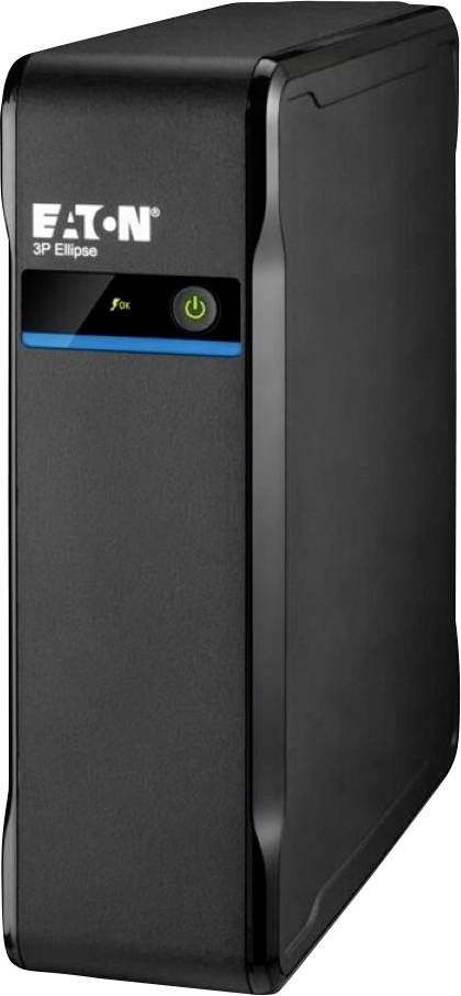 Schwarze Eaton 3P Ellipse Unterbrechungsfreie Stromversorgung mit frontaler Stromtaste und Statusleuchte.