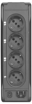 Schwarze Steckerleiste oder USV-Panel mit vier runden elektrischen Steckdosen, die vertikal übereinander angeordnet sind, und einem kleinen Schalter sowie einer Stromeingangsbuchse unten.