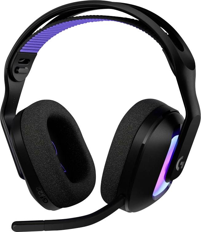 Schwarzes Gaming-Headset mit Mikrofon, mit farbenfrohen LED-Leuchten an den Ohrmuscheln und einem flexiblen Kopfbügel für Komfort.