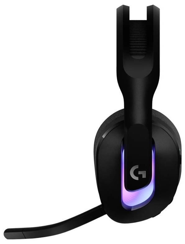Schwarzes Gaming-Headset mit angebautem Mikrofon und anpassbarer LED-Beleuchtung auf der Ohrmuschel, die lila und blaue Farben anzeigt.