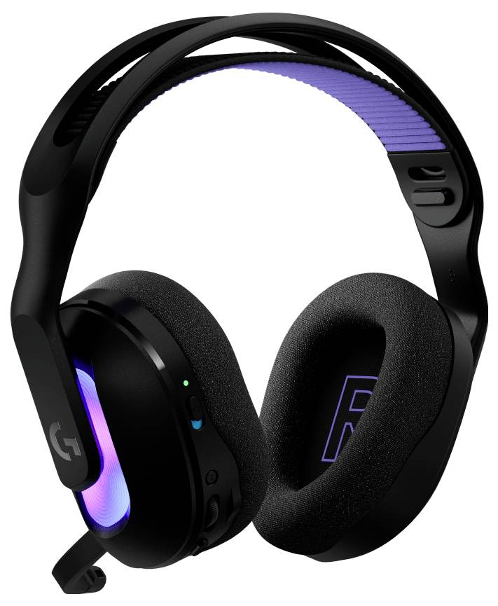Ein Paar schwarze und violette Gaming-Kopfhörer mit gepolsterten Ohrmuscheln, LED-Leuchten und einem Kopfbügel, der für Komfort und Stil konzipiert ist.