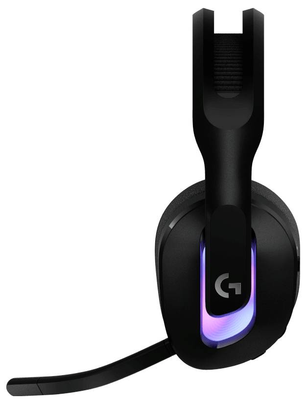 Ein schwarzes Gaming-Headset mit eingebautem Mikrofon, das leuchtende RGB-Lichter auf der Ohrmuschel bietet.