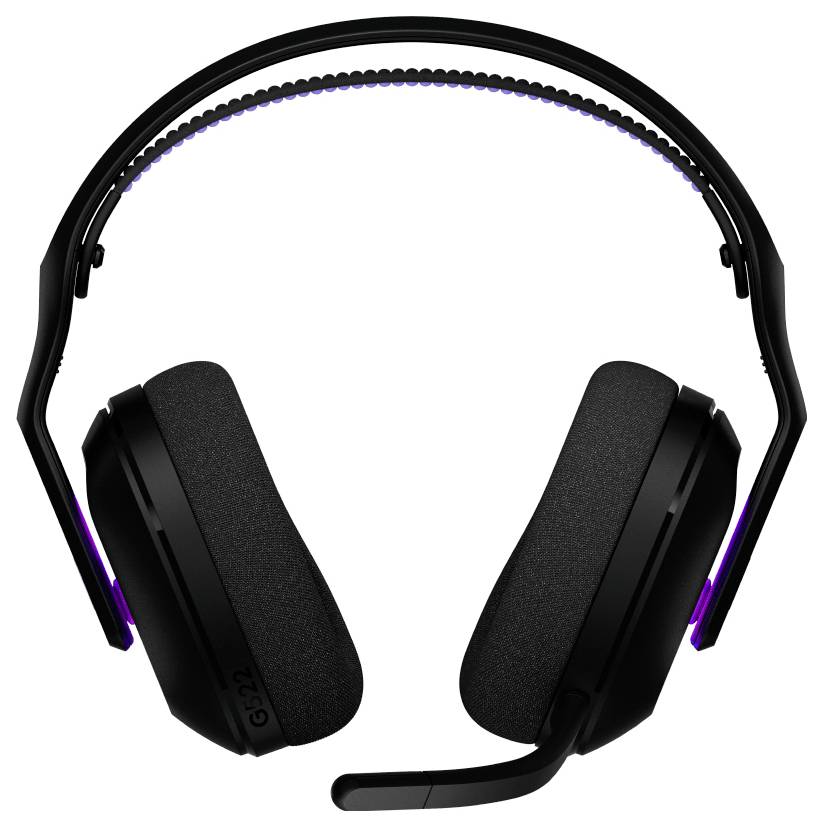 Schwarzes Over-Ear-Gaming-Headset mit Mikrofon, mit violetten LED-Akzenten und gepolstertem verstellbarem Kopfbügel für Komfort.