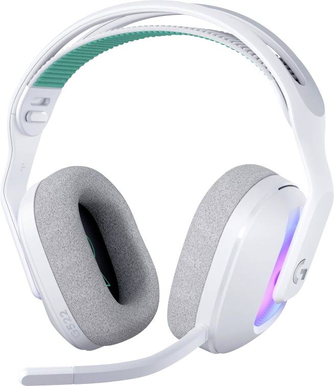 Weiß-graues Gaming-Headset mit gepolsterten Ohrmuscheln, verstellbarem Kopfbügel und Mikrofon. Mehrfarbige LED-Leuchten an den Seiten.