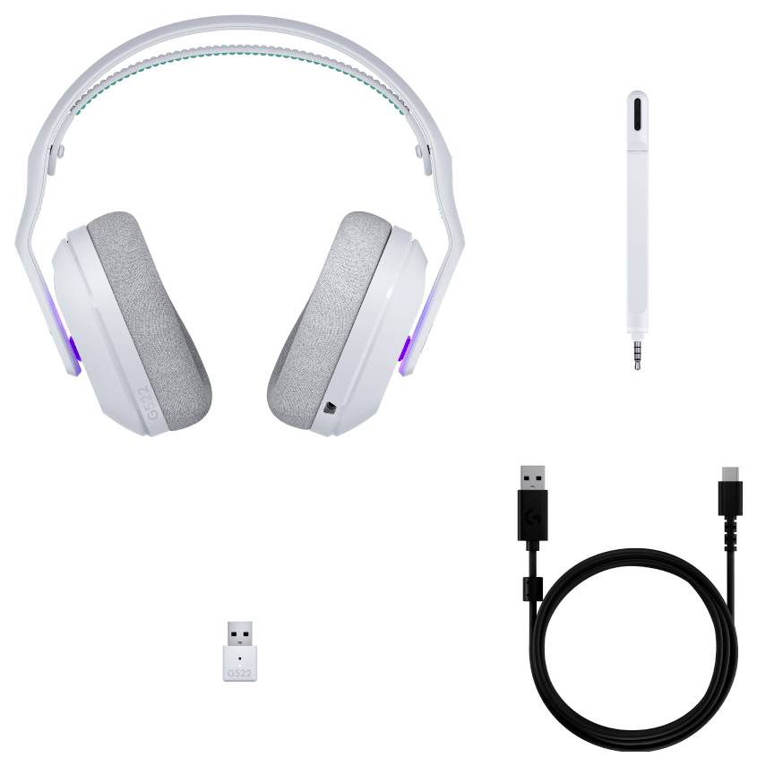 Weißes Gaming-Headset mit grauen Ohrpolstern und abnehmbarem Mikrofon. Beinhaltet USB-Wireless-Empfänger und Ladekabel.