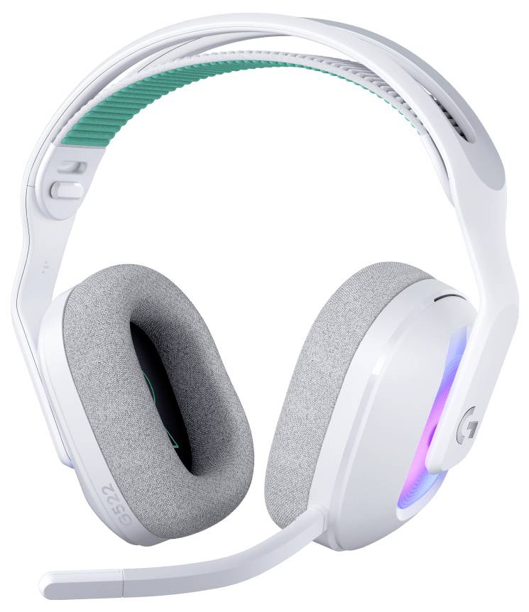 Weißes Gaming-Headset mit hellgrauen Ohrpolstern, einem flexiblen Mikrofonarm und leuchtenden Lichtakzenten auf den Ohrmuscheln.