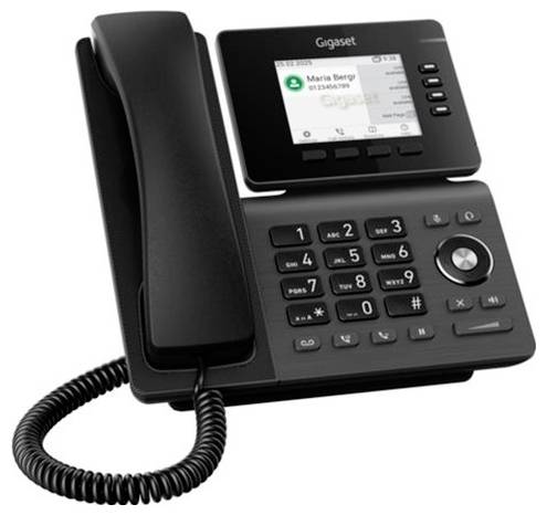 Schwarzes Gigaset-Tischtelefon mit Hörer, Tastatur und Farbdisplay mit einer Kontaktliste.