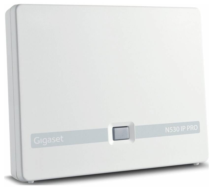 Weiße Gigaset N530 IP PRO Basisstation mit einer vorderen Taste und Logo auf neutralem Hintergrund.