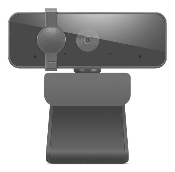 Schwarze Webcam oder Handykamera auf einem Ständer, Vorderansicht auf weißem Hintergrund.