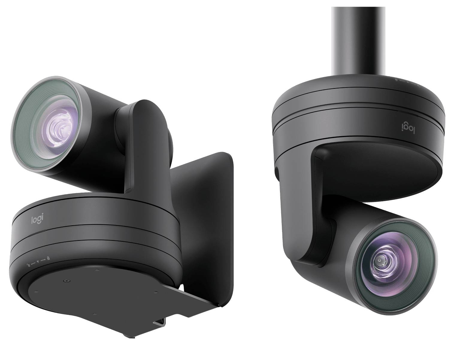 Zwei Ansichten einer schwarzen Logitech-PTZ-Kamera, die an der Decke montiert ist und ihr motorisiertes schwenkendes Objektiv und die Halterung zeigt.