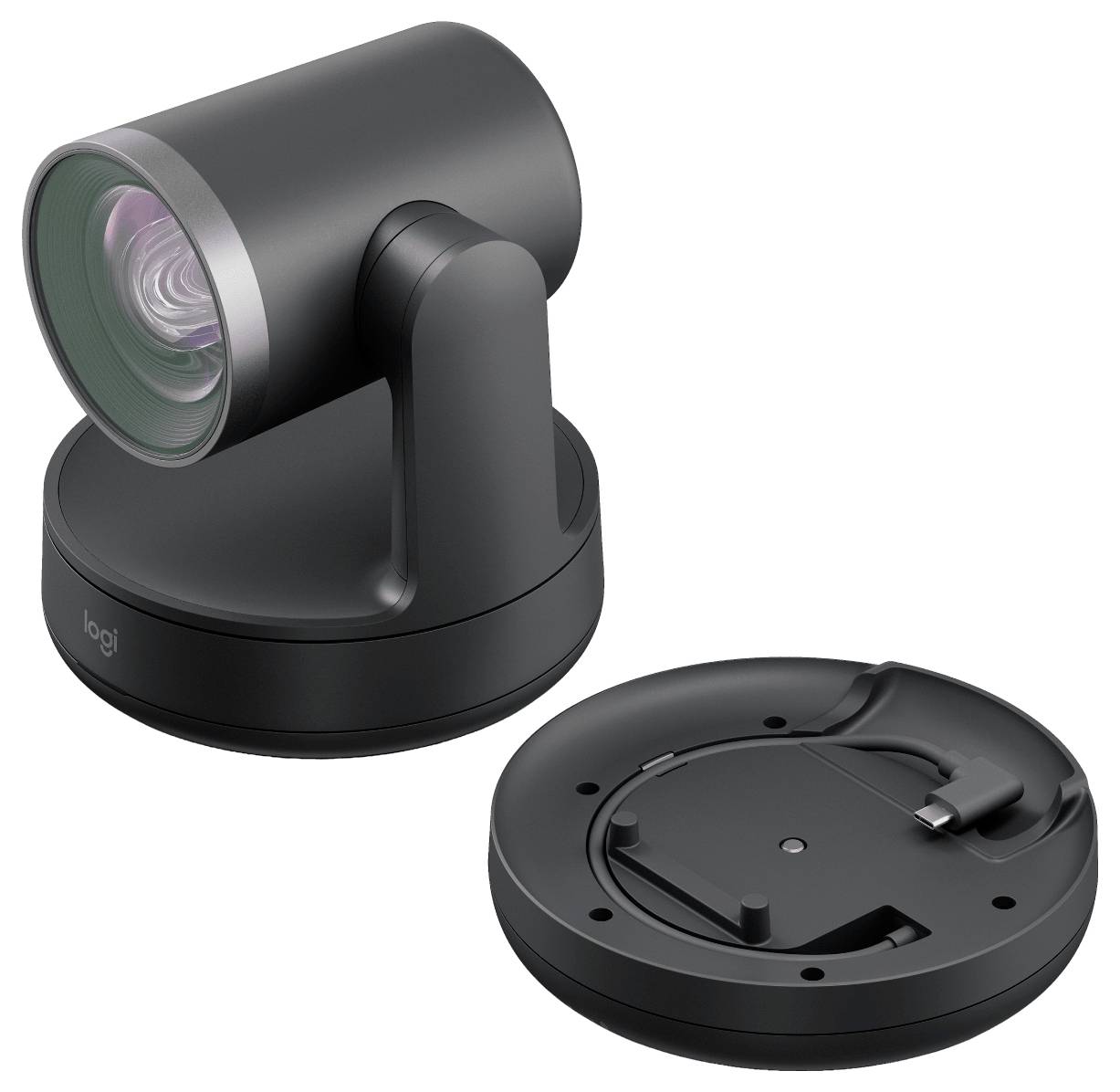 Schwarze Logitech PTZ-Konferenzkamera mit ihrer runden Montagebasisplatte daneben.