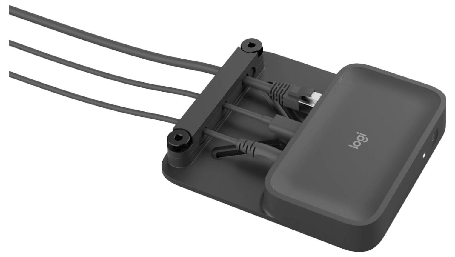 Drei schwarze Kabel, die in eine kleine Logitech-Kabelorganisationsstation mit erhöhtem Haltesteg eingesteckt sind.